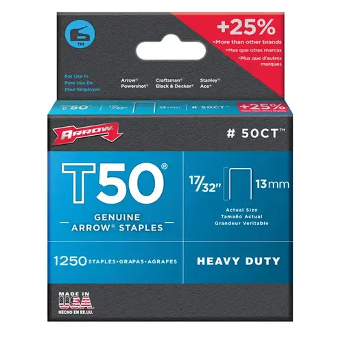 T50 Series Flat Crown Staple, 3/8 in W Crown, 17/32 in L Leg Gray - pack of 1250 T50 Series Flat Crown Staple, 3/8 in W Crown, 17/32 in L Leg Gray - pack of 1250