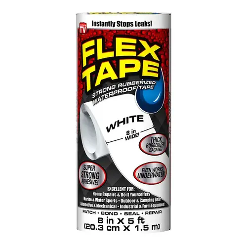 Waterproof Tape, 5 ft L, 8 in W, Rubber Backing White Waterproof Tape, 5 ft L, 8 in W, Rubber Backing White