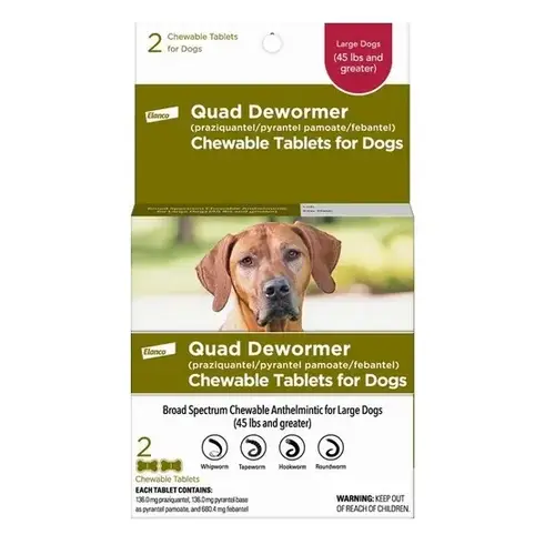 Chewabale Quad Dewormer Tablets for Large Dogs 45-Lbs. and Up, 2-Pk. Chewabale Quad Dewormer Tablets for Large Dogs 45-Lbs. and Up, 2-Pk.
