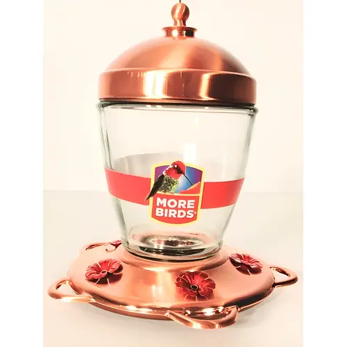 Jubilee Glass Hummingbird Feeder, Glass And Metal Material, 32 Oz Nectar Capacity, Copper And Red Finish