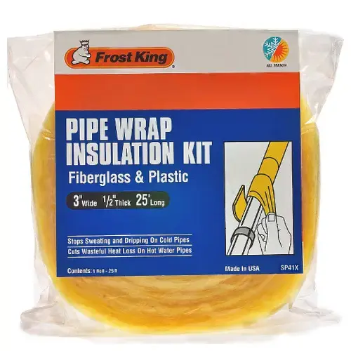 Pipe Wrap Kit, 25 ft L, 3 in W, 1/2 in Thick, 1.6 R-Value, Fiberglass Yellow