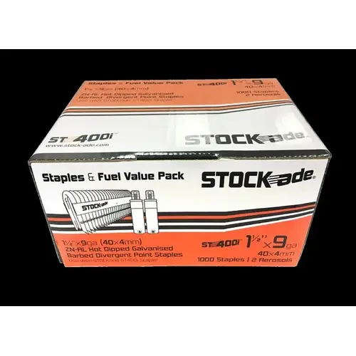 STOCK-ADE ST400I 1-1/2" 9-GAUGE BARBED STAPLES pack of 1000 STOCK-ADE ST400I 1-1/2" 9-GAUGE BARBED STAPLES pack of 1000