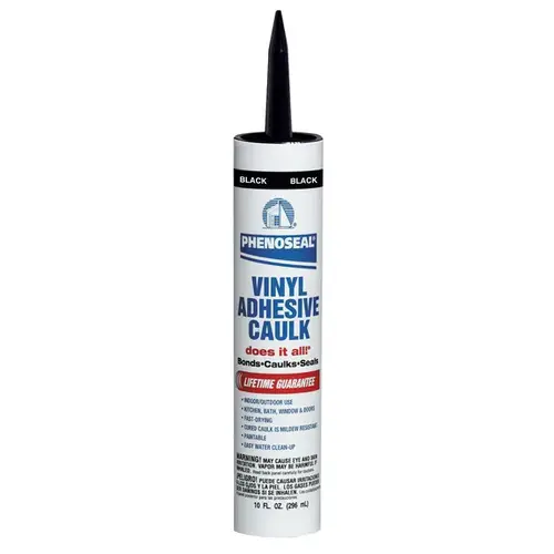 PHENOSEAL Vinyl Adhesive Caulk, Black, 48 hr Curing, -20 to 180 deg F, 10 oz Cartridge PHENOSEAL Vinyl Adhesive Caulk, Black, 48 hr Curing, -20 to 180 deg F, 10 oz Cartridge