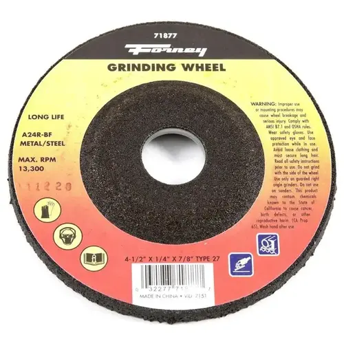 Grinding Wheel, 4-1/2 in Dia, 1/4 in Thick, 7/8 in Arbor, 24 Grit, Coarse, Aluminum Oxide Abrasive Grinding Wheel, 4-1/2 in Dia, 1/4 in Thick, 7/8 in Arbor, 24 Grit, Coarse, Aluminum Oxide Abrasive