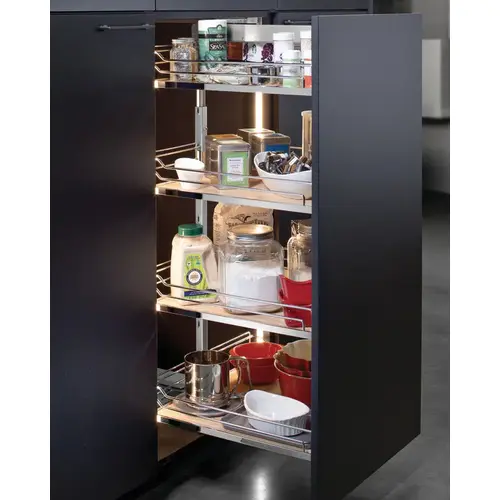Pull-Out Pantry Frame, Dispensa, Full Extension, Steel Material, 47-1/4" To 63" Installation Height, 4 Shelves, Silver Finish Pull-Out Pantry Frame, Dispensa, Full Extension, Steel Material, 47-1/4" To 63" Installation Height, 4 Shelves, Silver Finish