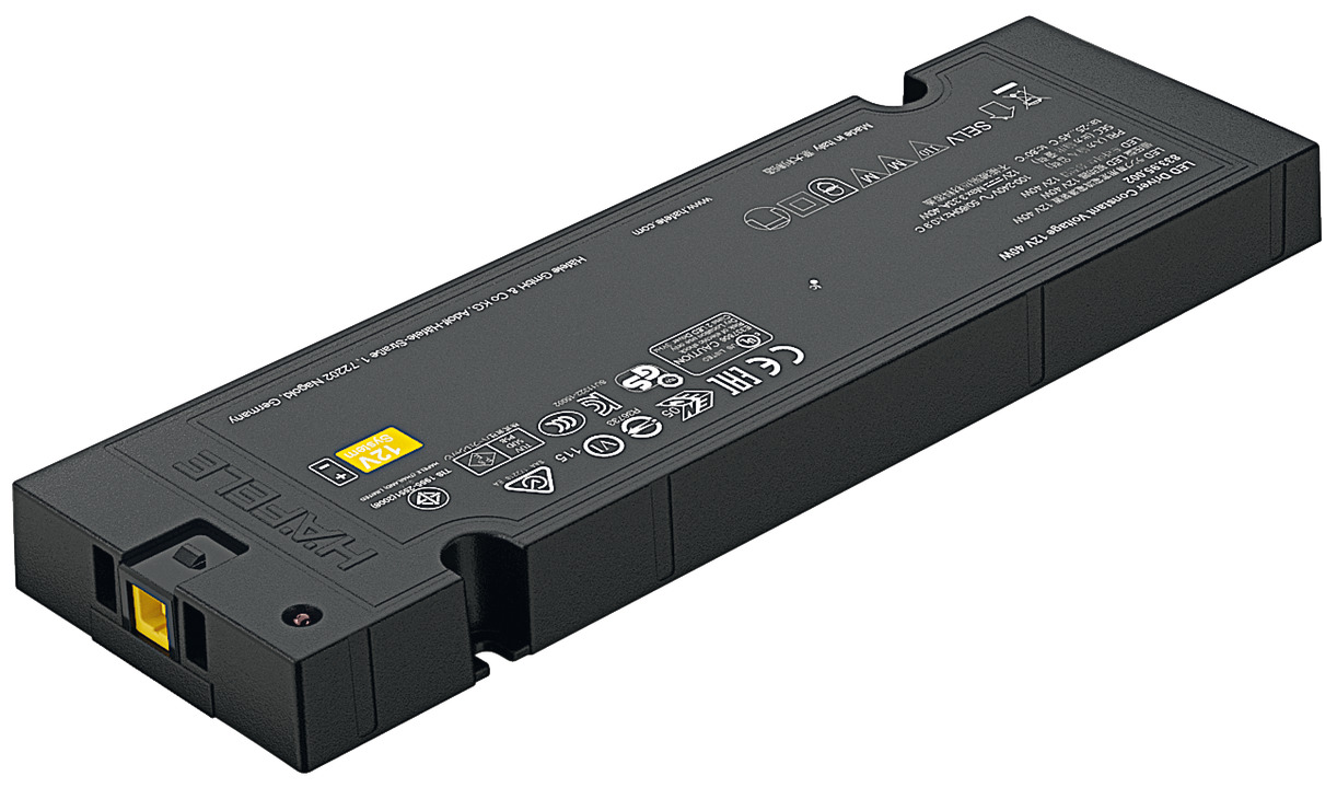 Hafele 833.95.002 Driver, Hafele Loox5, constant voltage 12 V -25-45 degree C 191 x 60 x 16 mm 0.89 0.89 3.33 A 40 W 0.12 W 0.12 W 184 g with efficiency factor correction, Voltage 12 V, output power: 40 W, with efficiency factor correction Black