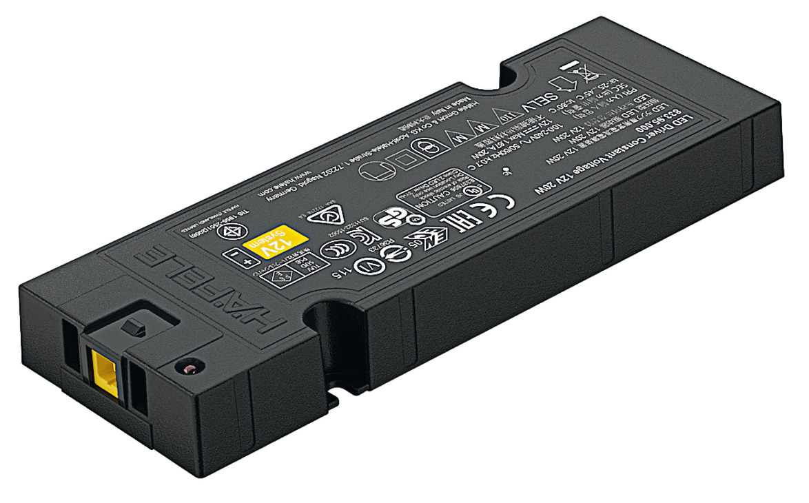 Hafele 833.95.000 Driver, Hafele Loox5, constant voltage 12 V -25-45 degree C 140 x 50 x 16 mm 0.86 0.87 1.67 A 20 W 0.07 W 0.07 W 99 g 20 W, Voltage 12 V, output power: 20 W Black