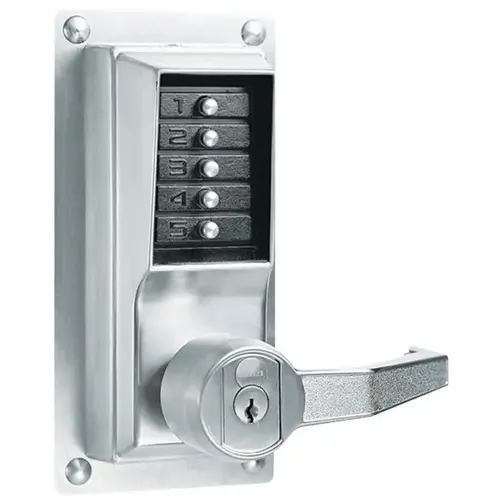 Right Hand Mechanical Pushbutton Exit Trim Lever Lock with Key Override, Schlage Prep Satin Chrome Finish Right Hand Mechanical Pushbutton Exit Trim Lever Lock with Key Override, Schlage Prep Satin Chrome Finish