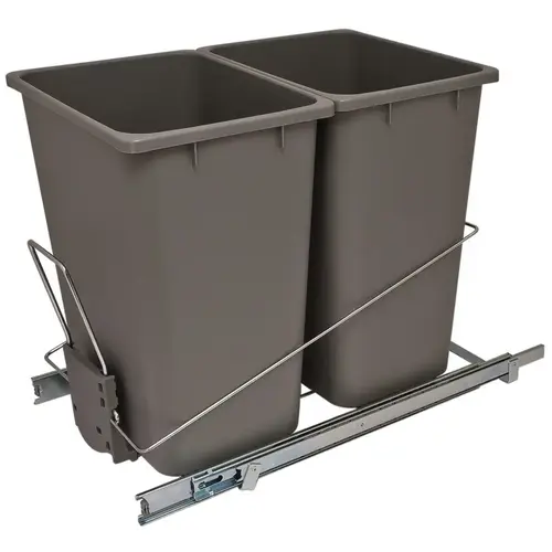 Wire Waste Bin System, Double Bin Soft close ball bearing slides Holder: Steel Bin: Plastic, Holder: Chrome Bin: Gray Wire Waste Bin System, Double Bin Soft close ball bearing slides Holder: Steel Bin: Plastic, Holder: Chrome Bin: Gray