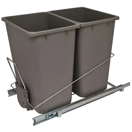 Wire Waste Bin System, Double Bin Soft close ball bearing slides Holder: Steel Bin: Plastic, Holder: Chrome Bin: Gray Wire Waste Bin System, Double Bin Soft close ball bearing slides Holder: Steel Bin: Plastic, Holder: Chrome Bin: Gray