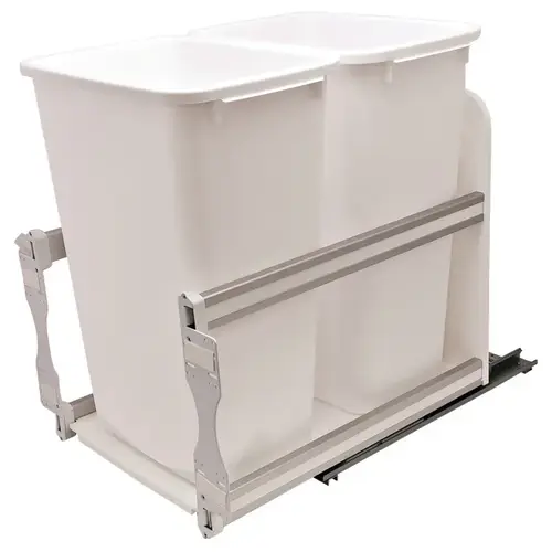 Waste Bin Pull-Out, KV Bottom Mount, Double, 35 Qt, Undermount Slide with Soft-Close USC15-2-35WH White White Waste Bin Pull-Out, KV Bottom Mount, Double, 35 Qt, Undermount Slide with Soft-Close USC15-2-35WH White White