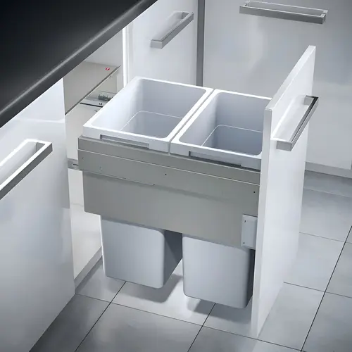 Pull Out Waste Bin, Hailo Euro Cargo 45 38 l / 38 l 2 x 40.15 qt. 16 1/2" 450 mm 412 - 418 mm 3619471 16 1/4" Installation behind fronts, With soft close Pull out and system lid: Steel, powder coated Bin: Plastic