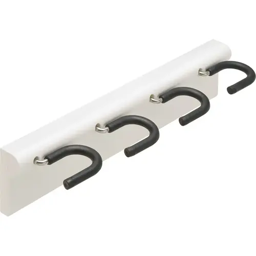 Broomstick Holder, Four Hook White Housing: White, Hook: Rubber coated, Housing: Nickel-plated Hooks: Rubber covered Broomstick Holder, Four Hook White Housing: White, Hook: Rubber coated, Housing: Nickel-plated Hooks: Rubber covered