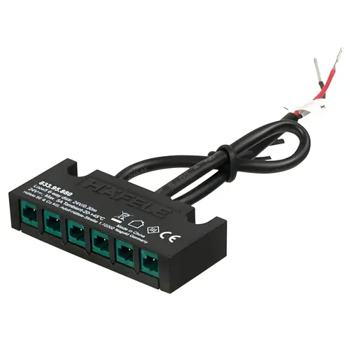 6-Way Distributor, With Bare Wire Ends For Hardwired Applications, Plastic Material, 2-3/4" Length, Black Finish