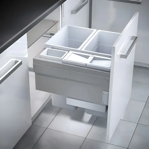 Pull Out Waste Bin, Hailo Euro Cargo 60 38 l / 38 l / 12 l / 2.5 l 2 x 40.15 qt., 1 x 12.6 qt. and 1 x 2.6 qt. 22 3/8" 600 mm 562 - 568 mm 3619621 22 1/8" Installation behind fronts, With soft close Pull out and system lid: Steel, powder coated Bin: Plastic