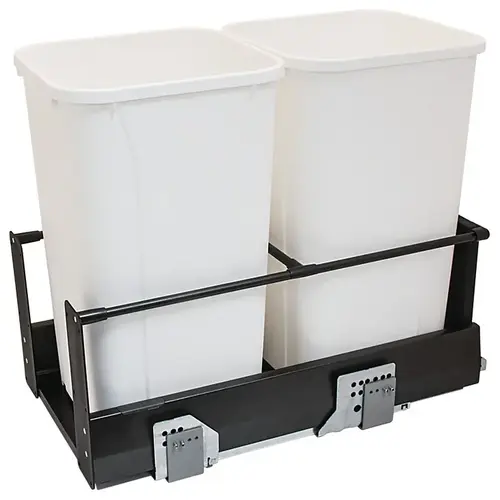 Waste Bin Pull-Out, Hafele Matrix, Double, 2 x 27 qt Frame: anthracite, bottom and back: black melamine, bin: gray Frame: Steel Bottom & back: Particle board Bin: Plastic