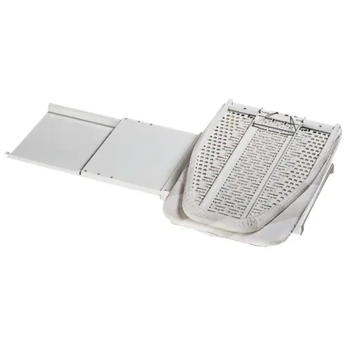 Hafele Ironfix Ironing Board, Shelf-Mounted Rotates 180 degree , white RAL 9016 Ironing Board: White (RAL 9016) Cover: White with gray stripes, Fitting: white, RAL 9016