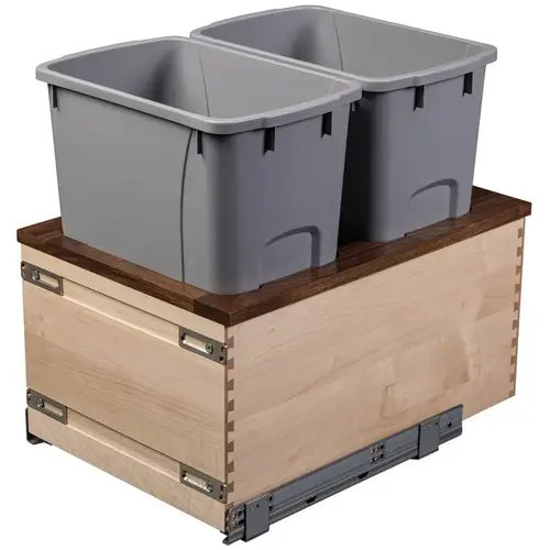 Double Waste Bin, Bottom Mount 14 7/8" WCCBM14PF-GR Walnut Creek Collection, 14 7/8" width, 2 x 34 qt., gray bin Walnut top on maple box with gray bins Double Waste Bin, Bottom Mount 14 7/8" WCCBM14PF-GR Walnut Creek Collection, 14 7/8" width, 2 x 34 qt., gray bin Walnut top on maple box with gray bins