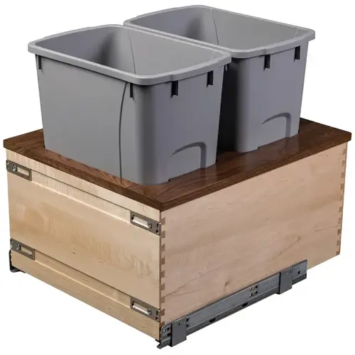 Double Waste Bin, Bottom Mount 17 7/8" WCCBM17PF-GR Walnut Creek Collection, 17 7/8" width, 2 x 34 qt., gray bin Walnut top on maple box with gray bins Double Waste Bin, Bottom Mount 17 7/8" WCCBM17PF-GR Walnut Creek Collection, 17 7/8" width, 2 x 34 qt., gray bin Walnut top on maple box with gray bins