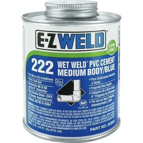 PVC Cement Wet Weld 222 Medium Body Blue 1-Pint PVC Cement Wet Weld 222 Medium Body Blue 1-Pint