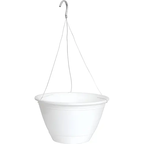 White Hanging Basket, Plastic Material, 10" Diameter, Hanging Mounting Type, Uv Protected Finish, White Color, For Indoor And Outdoor Use