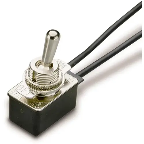 Toggle Switch, 125/250 VAC, SPST, Lead Wire Terminal, Steel Housing Material, Silver Toggle Switch, 125/250 VAC, SPST, Lead Wire Terminal, Steel Housing Material, Silver