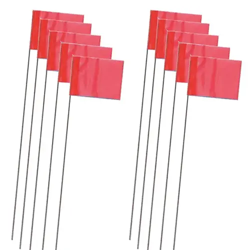 Fluorescent Marking Stake Flags, Red, 2.5 x 3.5 In. Flag, 15 In. Stake - pack of 10