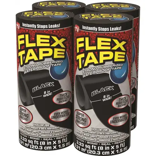 FLEX SEAL FAMILY OF PRODUCTS Flex Tape Black 8 in. x 5 ft. Strong Rubberized Waterproof Tape - pack of 4 FLEX SEAL FAMILY OF PRODUCTS Flex Tape Black 8 in. x 5 ft. Strong Rubberized Waterproof Tape - pack of 4