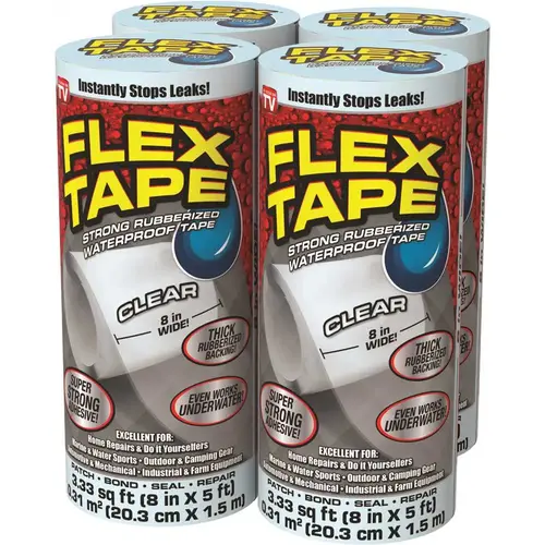 FLEX SEAL FAMILY OF PRODUCTS Flex Tape Clear 8 in. x 5 ft. Strong Rubberized Waterproof Tape - pack of 4 FLEX SEAL FAMILY OF PRODUCTS Flex Tape Clear 8 in. x 5 ft. Strong Rubberized Waterproof Tape - pack of 4