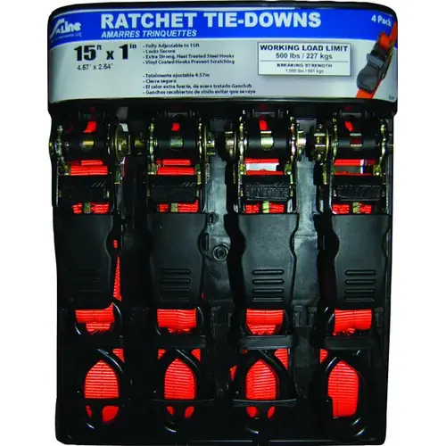 Tie-Down, 1 in W, 15 ft L, Polyester, Bright Orange, 500 lb Working Load, S-Hook End - pack of 4 Tie-Down, 1 in W, 15 ft L, Polyester, Bright Orange, 500 lb Working Load, S-Hook End - pack of 4