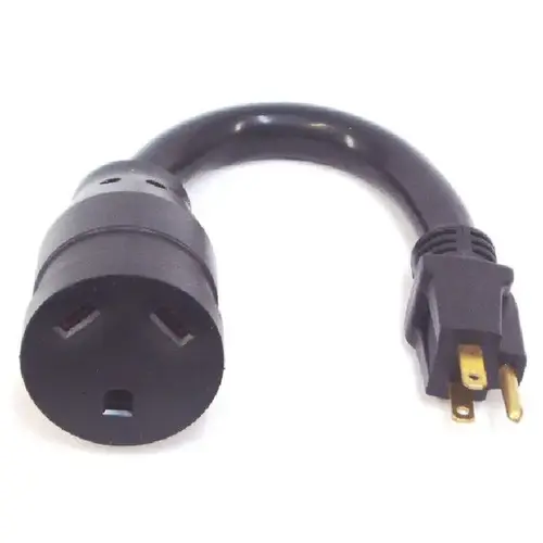 Adapter, 30 A Female, 15 A Male, 125 V, Male Plug, Female, 12 AWG Cable Black Adapter, 30 A Female, 15 A Male, 125 V, Male Plug, Female, 12 AWG Cable Black