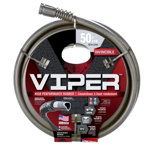 Viper Garden Hose, 5/8 in, 50 ft L, Rubber, Black