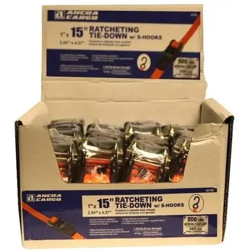 1"X15 ft Ratchet Tie Down - Display Bin Orange