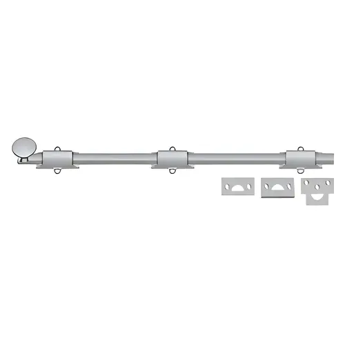 18" Surface Bolt, Solid Brass Material, Heavy Duty, 18" Rod Dimensions, Satin Chrome Finish 18" Surface Bolt, Solid Brass Material, Heavy Duty, 18" Rod Dimensions, Satin Chrome Finish