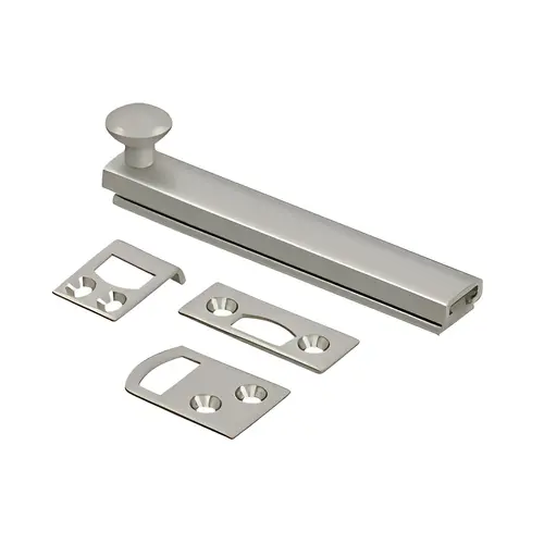 4" Surface Bolt, Concealed Screw, HD, Solid Brass Material, 4" Length, 9/16" Bolt Width, 3" Hole Spacing, Satin Nickel Finish 4" Surface Bolt, Concealed Screw, HD, Solid Brass Material, 4" Length, 9/16" Bolt Width, 3" Hole Spacing, Satin Nickel Finish