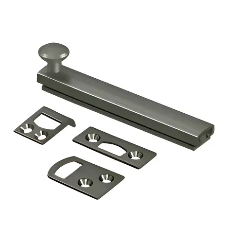 4" Surface Bolt, Concealed Screw, Solid Brass Material, 4" Length, 15/16" Projection, Antique Nickel Finish 4" Surface Bolt, Concealed Screw, Solid Brass Material, 4" Length, 15/16" Projection, Antique Nickel Finish