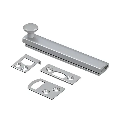 4" Surface Bolt, Concealed Screw, HD In Brushed Chrome, Solid Brass Material, 4" Length, 3" Hole Spacing, Satin Chrome Finish 4" Surface Bolt, Concealed Screw, HD In Brushed Chrome, Solid Brass Material, 4" Length, 3" Hole Spacing, Satin Chrome Finish