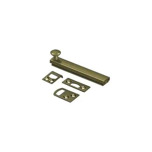 4" Surface Bolt, Concealed Screw, Solid Brass Material, 4" Length, 3" Hole Spacing, Antique Brass Finish, Traditional Style 4" Surface Bolt, Concealed Screw, Solid Brass Material, 4" Length, 3" Hole Spacing, Antique Brass Finish, Traditional Style