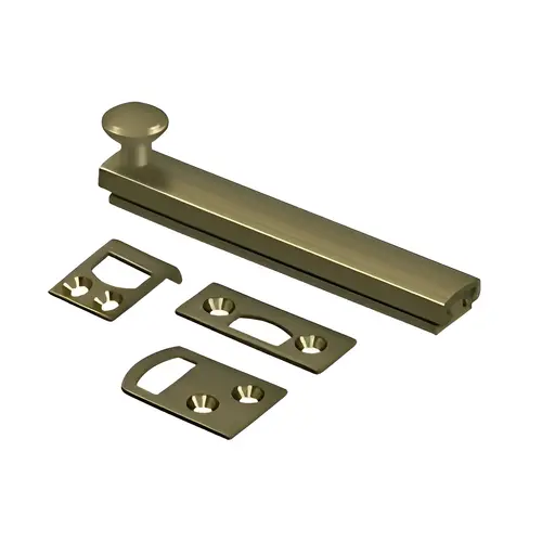 4" Surface Bolt, Concealed Screw, Solid Brass Material, 4" Length, 3" Hole Spacing, Antique Brass Finish, Traditional Style 4" Surface Bolt, Concealed Screw, Solid Brass Material, 4" Length, 3" Hole Spacing, Antique Brass Finish, Traditional Style