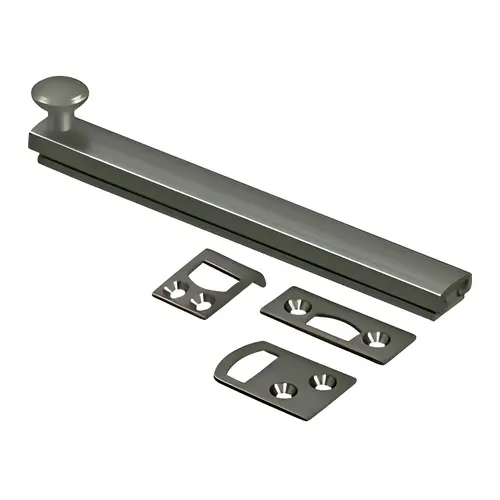 6" Surface Bolt, Concealed Screw, Solid Brass Material, 6" Length, 5" Hole Spacing, Antique Nickel Finish, Traditional Style 6" Surface Bolt, Concealed Screw, Solid Brass Material, 6" Length, 5" Hole Spacing, Antique Nickel Finish, Traditional Style