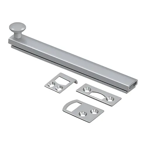 6" Surface Bolt, Concealed Screw, HD, Solid Brass Material, 6" Length, 5" Hole Spacing, 15/16" Projection, Satin Chrome Finish 6" Surface Bolt, Concealed Screw, HD, Solid Brass Material, 6" Length, 5" Hole Spacing, 15/16" Projection, Satin Chrome Finish