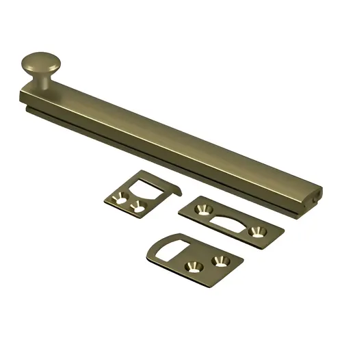 6" Surface Bolt, Concealed Screw, Solid Brass Material, 6" Length, Antique Brass Finish 6" Surface Bolt, Concealed Screw, Solid Brass Material, 6" Length, Antique Brass Finish