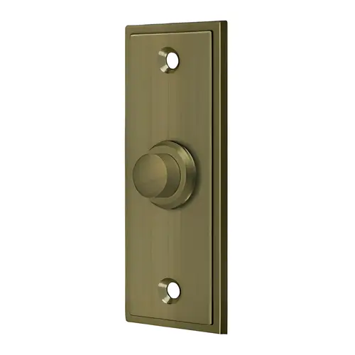Bell Button, Rectangular Contemporary, Solid Brass Material, 3-1/4" Height, 1-1/4" Width, 2-3/8" Hole Spacing, Antique Brass Finish Bell Button, Rectangular Contemporary, Solid Brass Material, 3-1/4" Height, 1-1/4" Width, 2-3/8" Hole Spacing, Antique Brass Finish