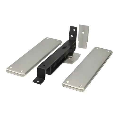 Spring Hinge, Double Action With Solid Brass Cover Plates, 3-3/4" Height, 9-1/4" Width, Solid Brass Material, Satin Nickel Finish Spring Hinge, Double Action With Solid Brass Cover Plates, 3-3/4" Height, 9-1/4" Width, Solid Brass Material, Satin Nickel Finish