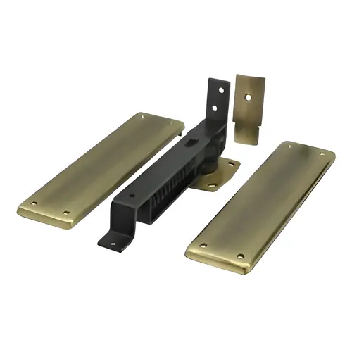 Spring Hinge, Double Action With Solid Brass Cover Plates, 3-3/4" Height, 9-1/4" Width, Antique Brass Finish Spring Hinge, Double Action With Solid Brass Cover Plates, 3-3/4" Height, 9-1/4" Width, Antique Brass Finish
