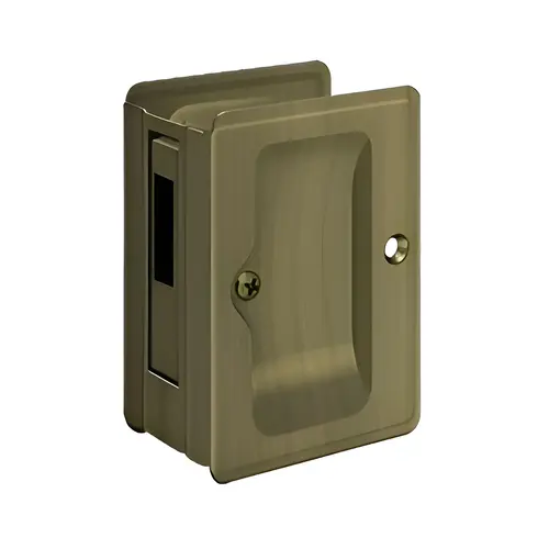 HD Pocket Lock, Adjustable, 3-1/4" x 2-1/4" Sliding Door Receiver in Antique Brass HD Pocket Lock, Adjustable, 3-1/4" x 2-1/4" Sliding Door Receiver in Antique Brass