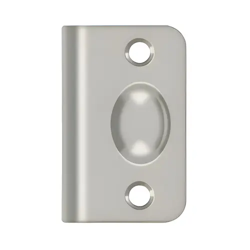 Strike Plate For Ball Catch And Roller Catch, Solid Brass Material, 2-1/8" X 1-3/8" Size, Satin Nickel Finish, Residential Use Strike Plate For Ball Catch And Roller Catch, Solid Brass Material, 2-1/8" X 1-3/8" Size, Satin Nickel Finish, Residential Use