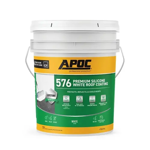 APOC AP-576 Series Premium Silicone Roof Coating, White, 5 gal, Pail, Liquid APOC AP-576 Series Premium Silicone Roof Coating, White, 5 gal, Pail, Liquid