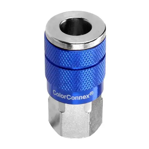 Automotive Interchange Coupler, 1/4 in, FNPT, Aluminum/Steel, Zinc, Blue Automotive Interchange Coupler, 1/4 in, FNPT, Aluminum/Steel, Zinc, Blue