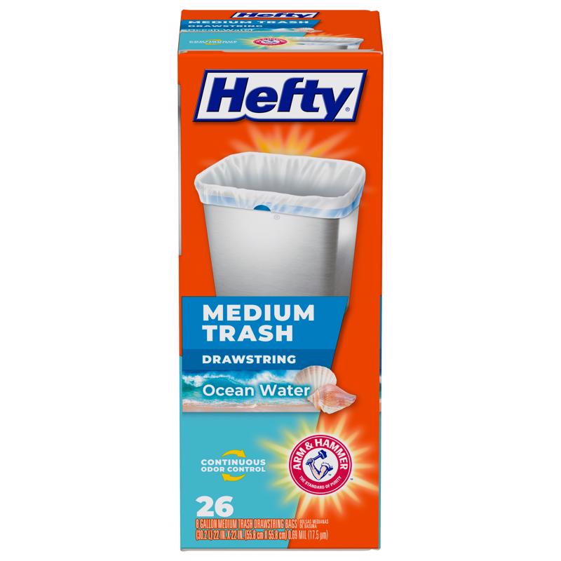 Hefty E88534 Trash Bags 8 gal Ocean Water Scent Drawstring 26 pk 0.69 mil White